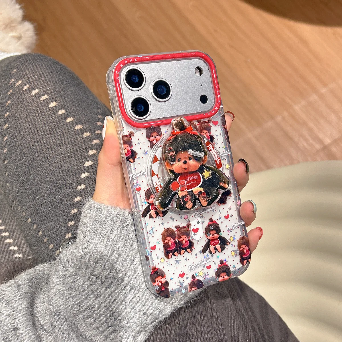 Monchhichi Clear Glitter Fill Red Rim With 3D Charm Phone Case for iPhone 17 16 15 14 13 Pro Max — MagSafe